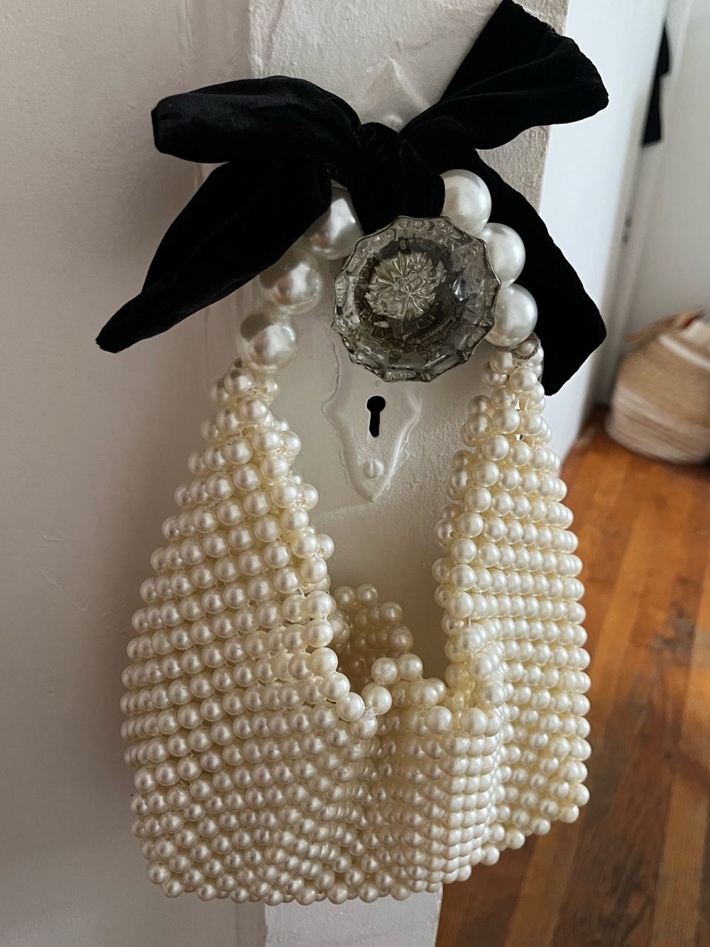 A new day pearl evening bag black velvet bow NWT